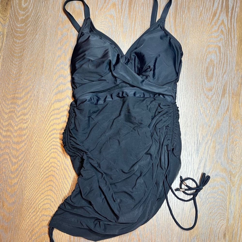 Sleek Black Mesh Ruched One-Piece Swimsuit - Picture 3 of 4